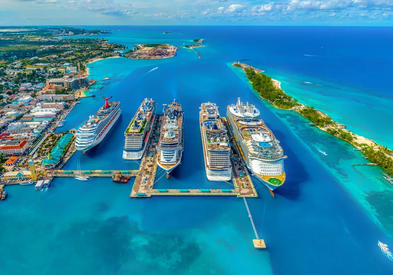 Aerial view of a tropical harbour with turquoise water